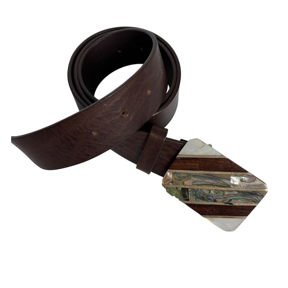 Vintage‎ Duluth Womens Size 14 Leather Belt Abalone Shell Wood Inlay Buckle